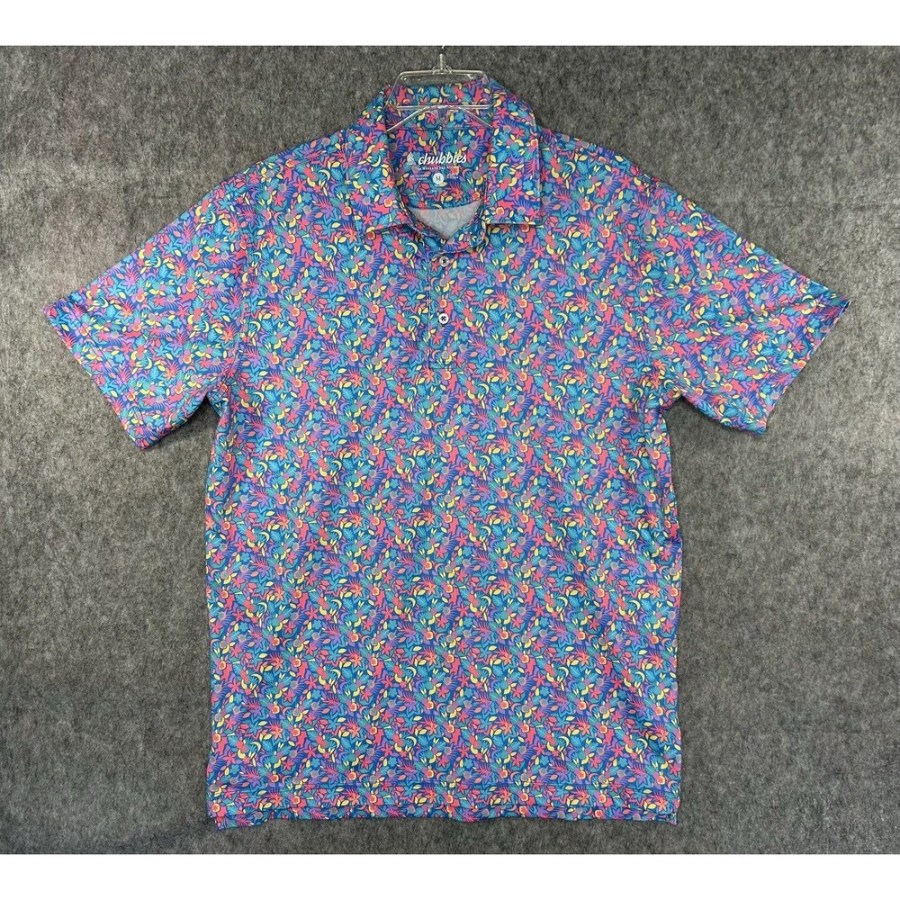 Chubbies Polo Shirt Men's Medium Pink Blue Floral Print Golf Short Sleeve
